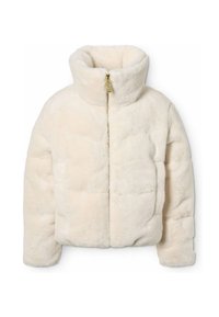 Giacca in pelliccia sintetica color crema con colletto alto, chiusura con zip e design trapuntato. La texture morbida e le sezioni imbottite offrono calore.