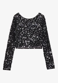 Zwarte lang-sleeve cropped top bedekt met glanzende zilveren pailletjes, met een brede ronde halslijn en een aansluitende pasvorm.