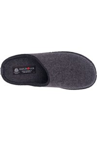 Gray felt slipper with a closed back and open toe, featuring a soft wool texture and a simple design. Label shows "Haflinger" brand and size 41.