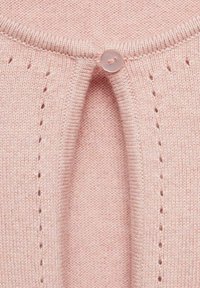 Knitted cardigan in soft pink with a round neckline, button closure, and decorative eyelet detailing along the placket.
