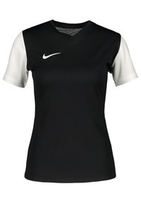 Schwarzes Sporthemd mit weißen kurzen Ärmeln und V-Ausschnitt-Design. Verfügt über ein kleines weißes Nike-Logo auf der linken Seite der Brust.