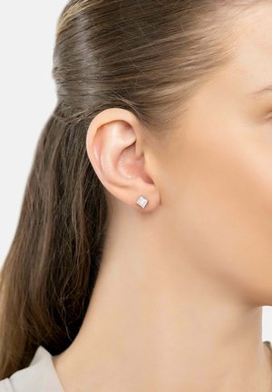 Square cubic zirconia stud earring in silver setting, featuring a polished finish and a simple, minimalist design.