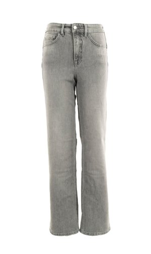 Jean en denim gris avec une coupe droite, style à cinq poches et fermeture à bouton. Présente des détails délavés et des coutures surpiquées.