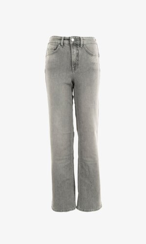 Gray denim jeans with a straight-leg design, five-pocket styling, and a button-fly closure. Features faded detailing and stitched seams.
