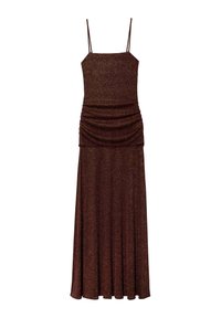 Schimmerndes braunes Maxikleid mit dünnen Trägern, gerafftem Oberteil und fließendem Rock. Aus einem strukturierten Stoff gefertigt, der das Licht reflektiert.