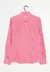 Langarmhemd in rosa und weißen vertikalen Streifen, aus Baumwolle. Verfügt über einen Kragen und knöpfbare Manschetten mit einem Rückenstegdesign.