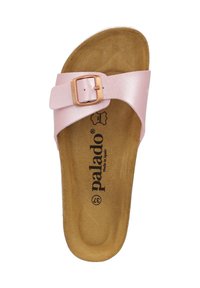 Sandal in finta pelle rosa con un'unica fascia e fibbia metallica. Intersuola in sughero finto e superficie interna testurizzata. Nome del marchio visibile.