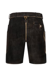 Pantaloni corti in pelle marrone scuro con cuciture beige, dotati di una cerniera frontale, tasche laterali e passante per cintura in vita.