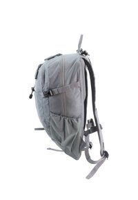 Gray backpack with a textured exterior, multiple compartments, adjustable straps, and mesh accents on the back for ventilation.