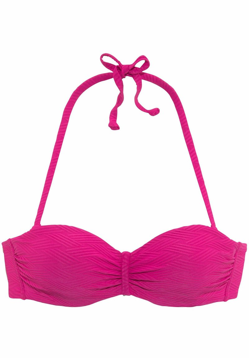 Rožinė bikini viršūnė su kaklo raiščiais, įrengta juostelėmis ir susiraukšlėjusia centrine dalimi. Audinys papuoštas zigzago raštu.