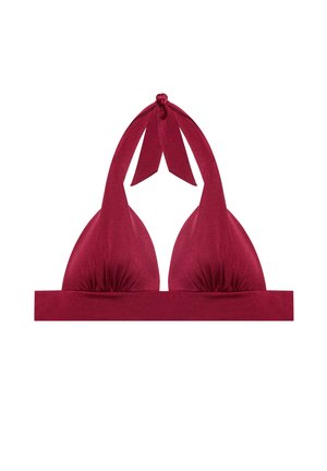 Red halter-style bikini top with triangular cups and a tie knot at the neck on a white background.