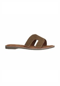 Brown slide sandal featuring two wide straps with a beaded pattern, a cushioned insole, and a flat rubber sole.