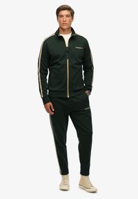 Chándal verde hecho de tela suave, con chaqueta de cremallera y rayas doradas, y pantalones a juego. Acentos de logo en el pecho y el muslo.