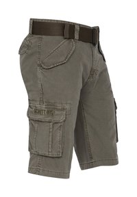 Pantaloni cargo marroni con molte tasche a soffietto, una patch visibile con scritto "SCHOTT NYC" e una cintura marrone scuro.
