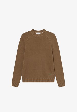 Pulover tricotat maro cu guler și manșete canalate. Dispune de mâneci raglan și un detaliu mic cu logo verde în partea stângă jos.