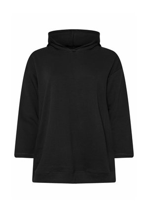 Zwarte hoodie met lange mouwen, losse pasvorm, brede capuchon en geribde zoom, getoond op een witte achtergrond.