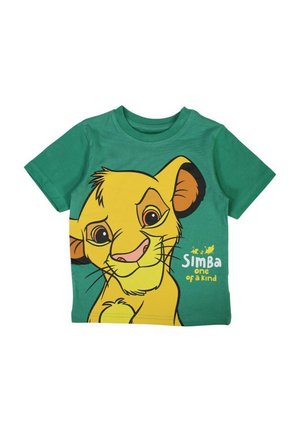 T-shirt vert à manches courtes présentant un grand visage de lion jaune de style cartoon. Le texte indique « Simba, unique en son genre » en blanc et jaune. Matière en coton.