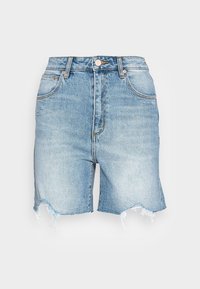 Vaaleansinisen farkkushortsit, joissa on rispaantuneet reunat, korkeavyötäröinen malli, klassinen viiden taskun tyyli ja kuparinväriset napit sekä niitit.