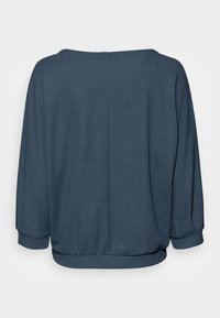 Locker sitzender, dunkelblauer Sweatshirt mit strukturiertem Stoff, weitem Ausschnitt und elastischen Bündchen an den Ärmeln und dem Saum. Rückansicht dargestellt.