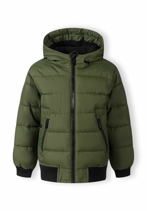 Doudoune verte avec capuche, fermeture éclair, poignets élastiques et poches latérales. Présente un motif matelassé et des accents noirs.