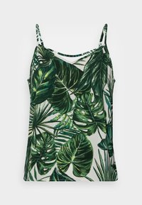 Top canotta verde con un motivo di foglie tropicali, realizzato in tessuto leggero con spalline sottili regolabili e scollatura a V.