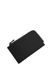 Black leather wallet with textured finish, featuring a zip closure, subtle stitching, and embossed logo detail. Rectangular shape.