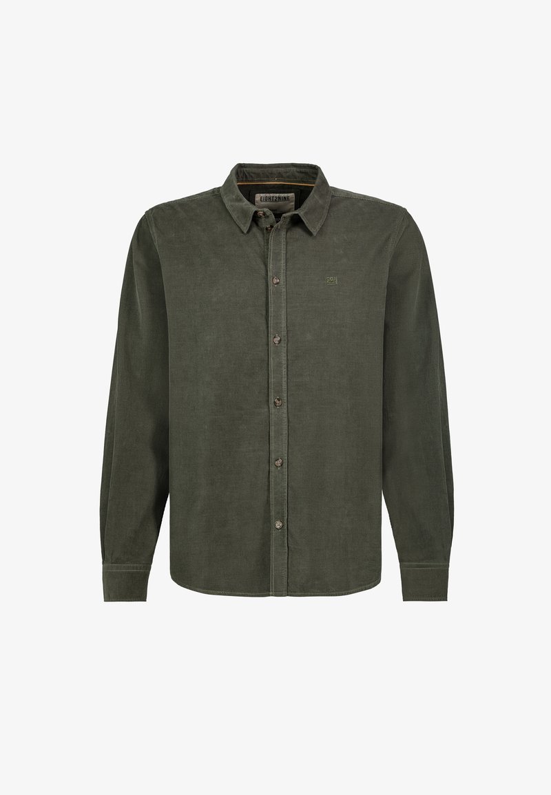 Men's long-sleeve button-up shirt in olive green corduroy with collar, cuffs, and small embroidered logo on the chest.