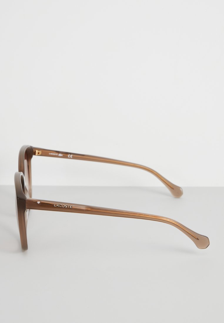 Lunettes de soleil en plastique marron avec une forme rectangulaire, dotées de branches fines et d'un branding subtil sur la tempe. Détails du cadre translucide visibles.
