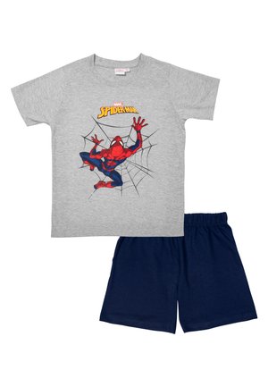 Gray cotton t-shirt featuring a Spider-Man graphic, paired with navy blue cotton shorts, both designed for comfort and casual wear.