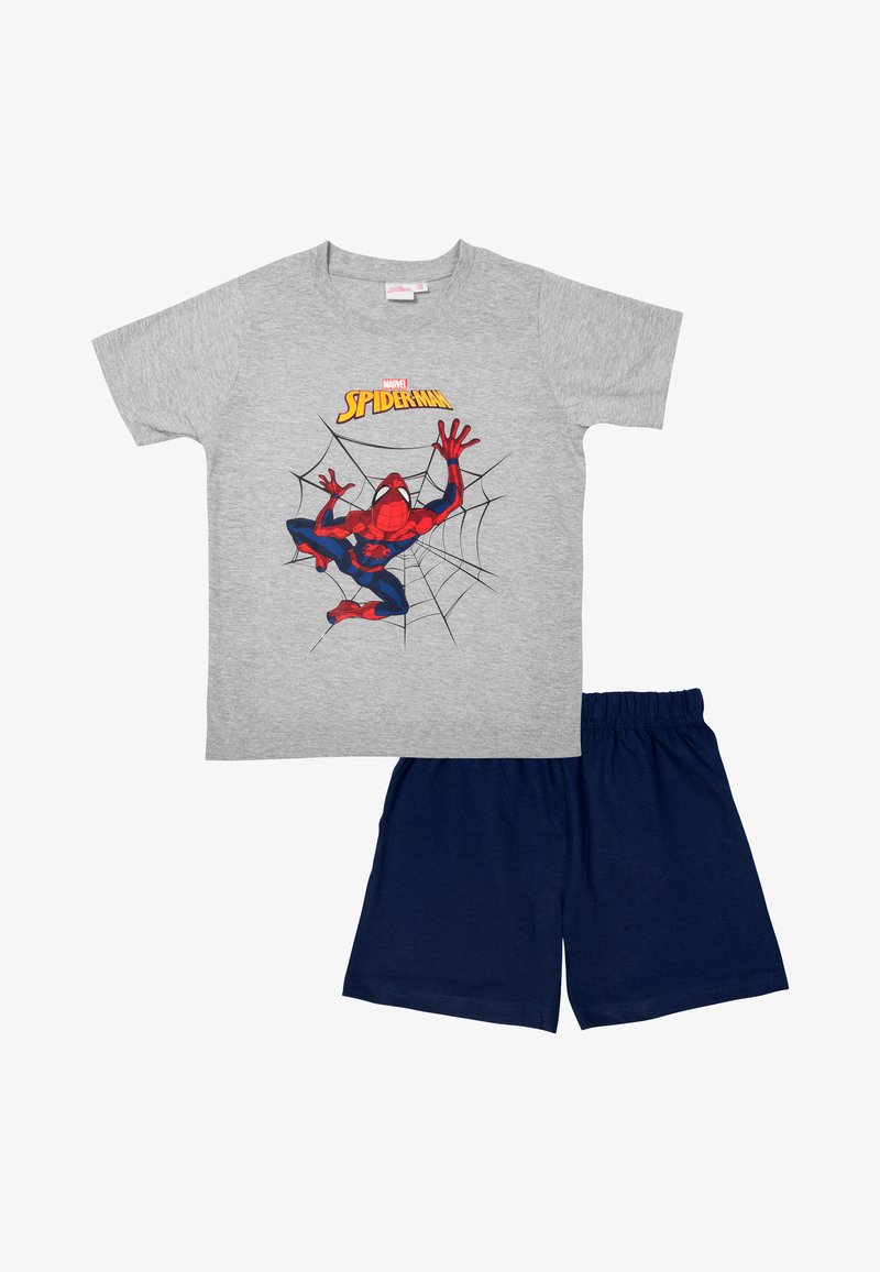 Gray cotton t-shirt featuring a Spider-Man graphic, paired with navy blue cotton shorts, both designed for comfort and casual wear.