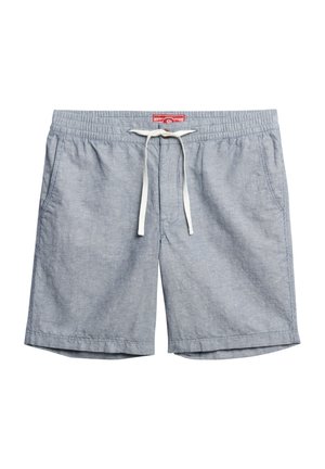 Męskie szorty w niebiesko-białe paski, wykonane z lekkiego materiału. Posiadają elastyczny pas, regulowany sznurek i boczne kieszenie.