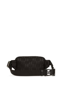 Borsa a cintura in tessuto nero con un motivo testurizzato. Presenta una chiusura con zip e una tracolla regolabile con una fibbia in plastica.
