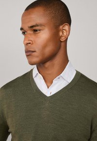 Green v-neck sweater made of soft material, worn over a light striped collared shirt. Close-up view emphasizing fabric texture and layering.