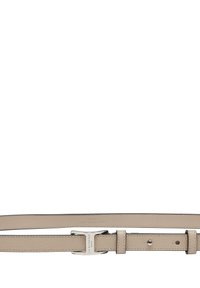 Beiger Leder-Gürtel mit glatter Textur und silbernem Beschlag. Hat ein einfaches Design mit schlanker Form und verstellbaren Gurtlöchern.