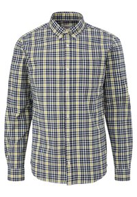 Camicia abbottonata con motivo a quadri in blu navy, giallo e bianco. Realizzata in tessuto intrecciato; maniche lunghe, collo e una tasca frontale.