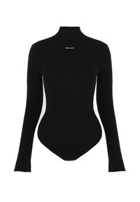 Černý dlouhý rukáv bodysuit s vysokým límcem, vyrobený z elastické látky. Obsahuje malé bílé logo na hrudi. Hladká textura.
