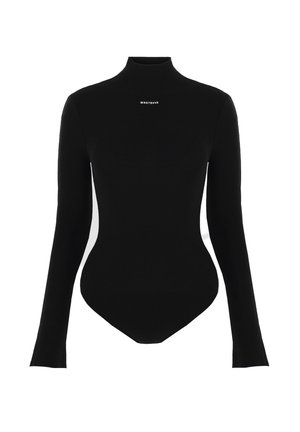Zwarte bodysuit met lange mouwen en hoge hals, gemaakt van een rekbaar materiaal. Heeft een klein wit logo op de borst. Voelt glad aan.