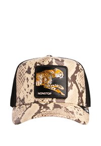 Kappe mit beigem und braunem Schlangen-Muster, schwarzem Netzrücken und einem Patch mit einem springenden Geparden und dem Text "NONSTOP".