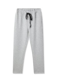 Pantaloni della tuta grigi chiari realizzati in tessuto morbido, con cordoncino nero, cintura elastica e design a gamba affusolata.