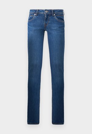 Jeans de mezclilla azul con un diseño de pierna recta, cinco bolsillos, detalles de costura visibles y un cierre de botón en la cintura.