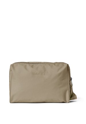 Rectangular khaki bag made of durable fabric with a textured surface, featuring a top zipper and embossed "DAY ET" logo on the front.