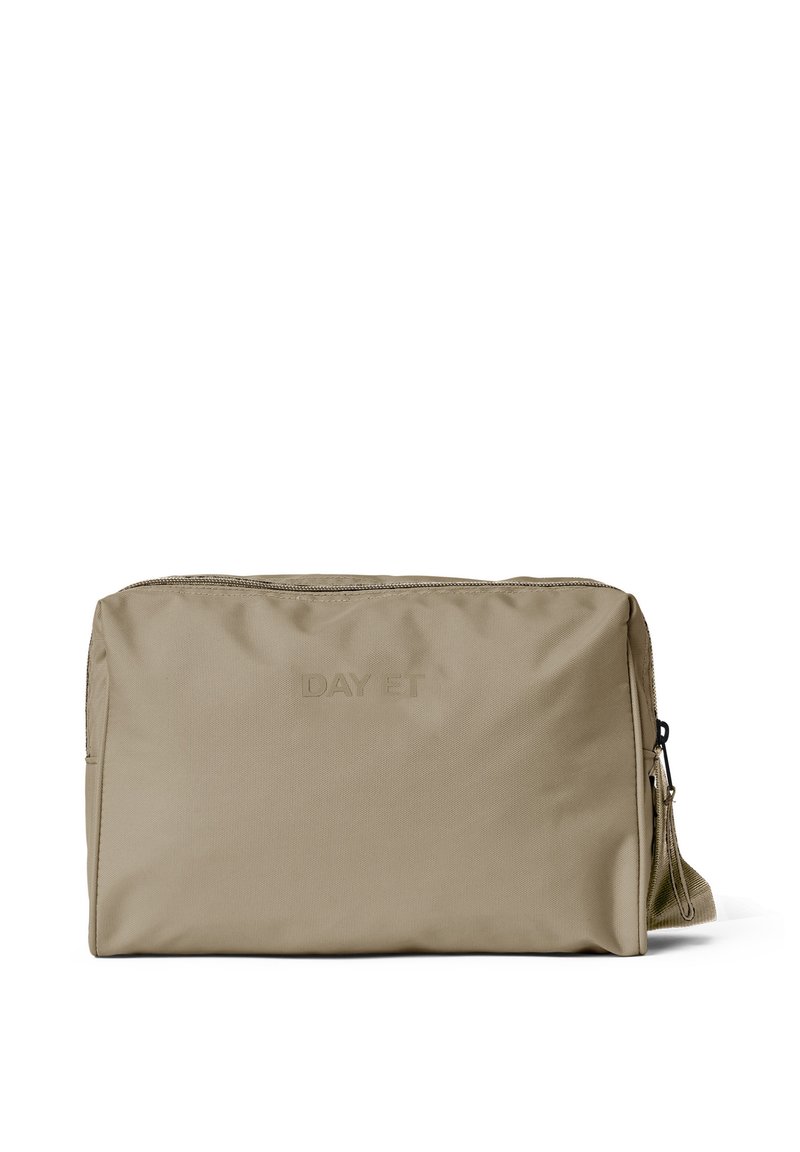 Borsa rettangolare kaki realizzata in tessuto resistente con superficie testurizzata, dotata di una cerniera superiore e del logo "DAY ET" impresso sul davanti.