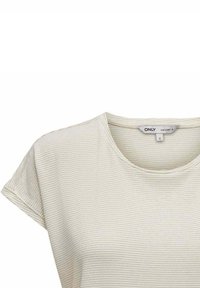 T-shirt a strisce di colore chiaro con scollatura rotonda e maniche corte, realizzato in tessuto morbido, con una texture sottile e una vestibilità casual.