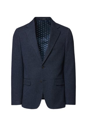 Granatowa marynarka o teksturowanej powierzchni, z klapami, dwoma przednimi kieszeniami i wzorzystym podszewką w kropki. Zapięcie na dwa guziki.