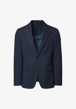 Granatowa marynarka o teksturowanej powierzchni, z klapami, dwoma przednimi kieszeniami i wzorzystym podszewką w kropki. Zapięcie na dwa guziki.