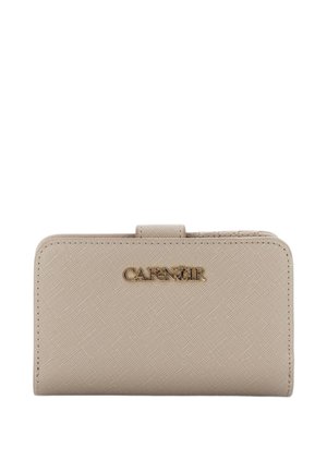 Portafoglio beige con texture, logo dorato "CafèNoir" al centro, forma rettangolare, bordi arrotondati e chiusura a linguetta nella parte superiore.
