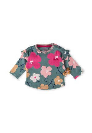 Langärmliges Shirt aus türkisem Baumwollstoff mit floralen Mustern in Pink, Pfirsich und Weiß. Verfügt über Rüschensleeves und einen kleinen Tag-Akzent.