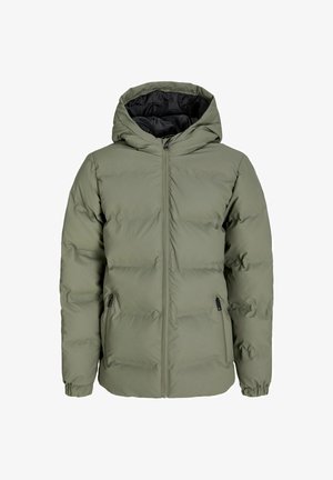 Veste verte matelassée avec une capuche, superposée sur une chemise à carreaux et un t-shirt blanc. Portée avec un jean bleu clair et des chaussures en daim grises. Casquette en denim.