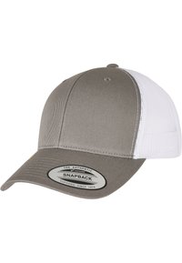 Grå tygkaps med en strukturerad front, vit nätbakdel och en böjd skärm. Har en snapback-stängning och en oval sydd etikett.
