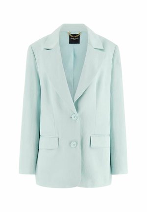 Blazer femme bleu clair avec larges revers, deux boutons devant et deux poches à rabat, présenté sur fond blanc.